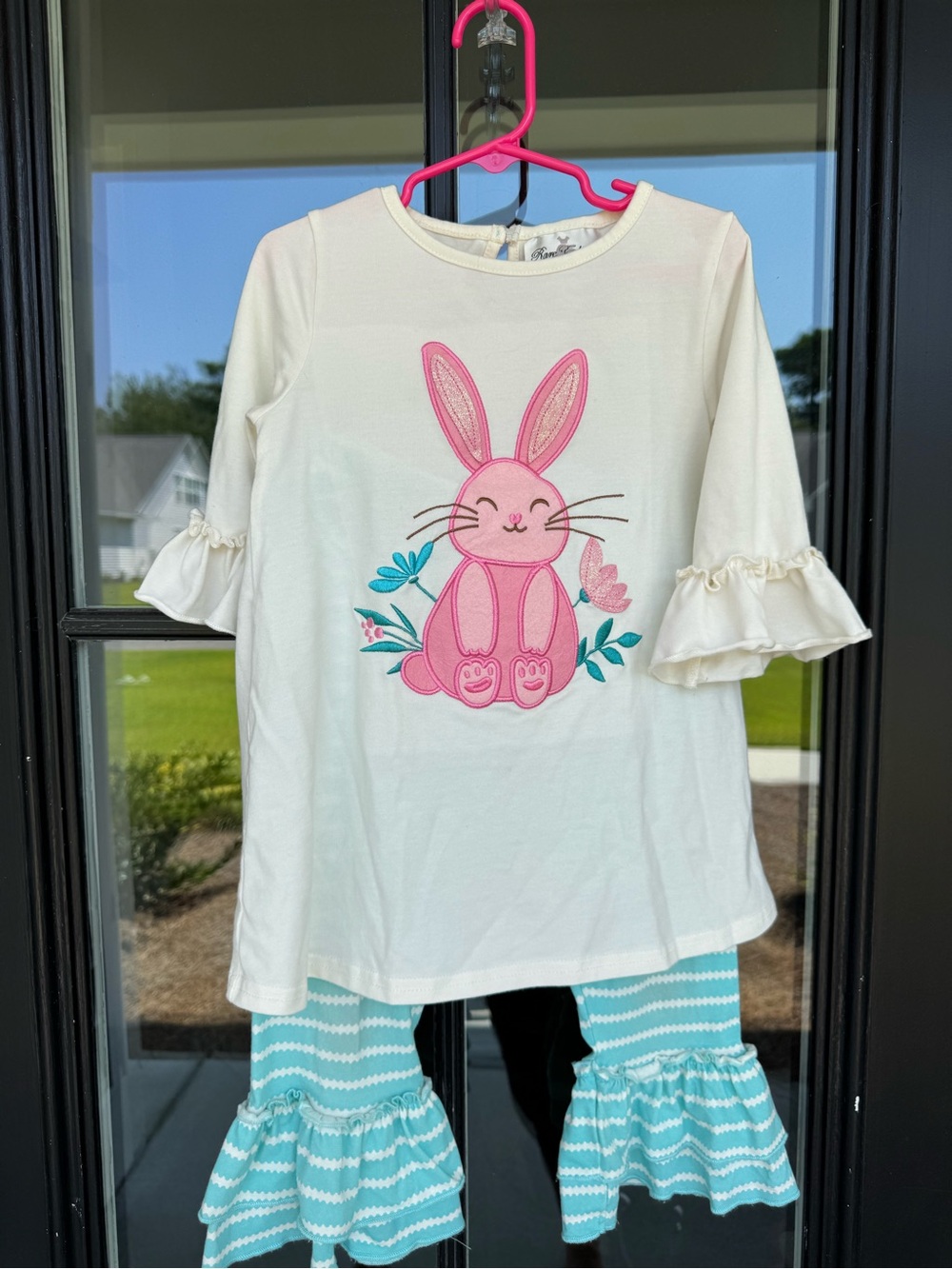 Rare Editions Cream Top with Pink Bunny & Teal Stripe Ruffle matching Set